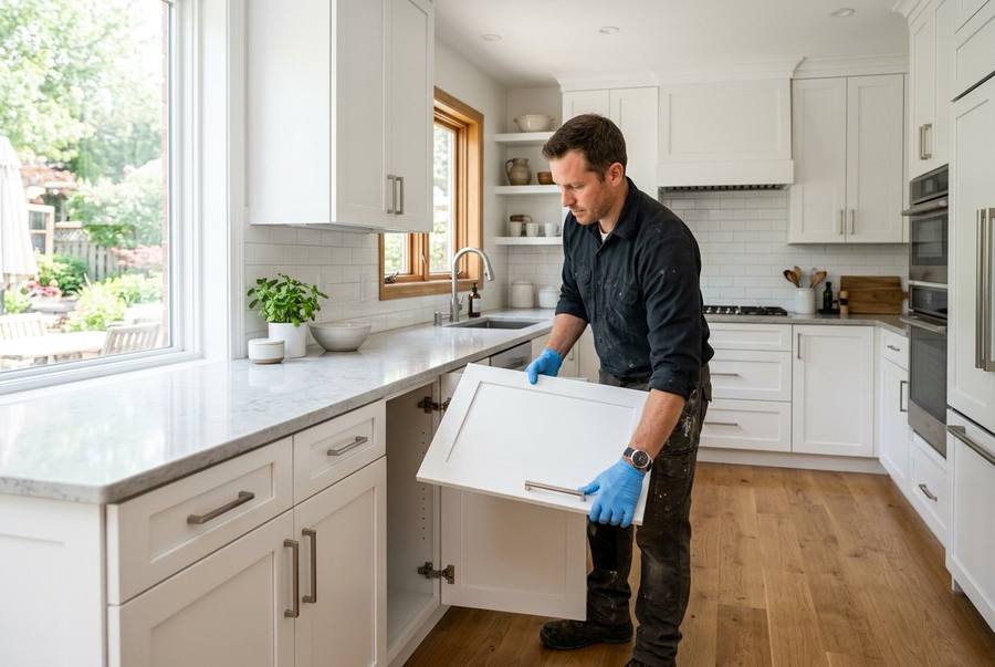 Craftsman reinstalling a freshly refinished white cabinet door