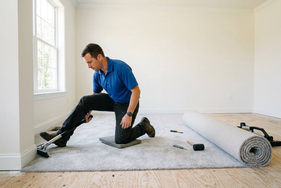 Installer fitting new carpet with a knee kicker in a bright living room