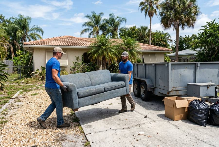 Crew loading furniture and debris into a dump trailer during a property cleanout