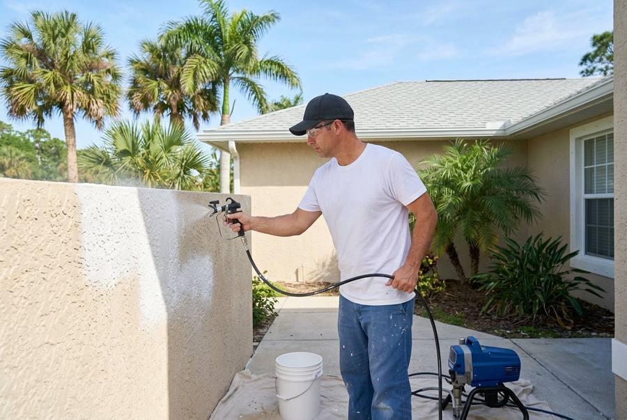 Painter spray-applying a fresh coat on a Florida home exterior