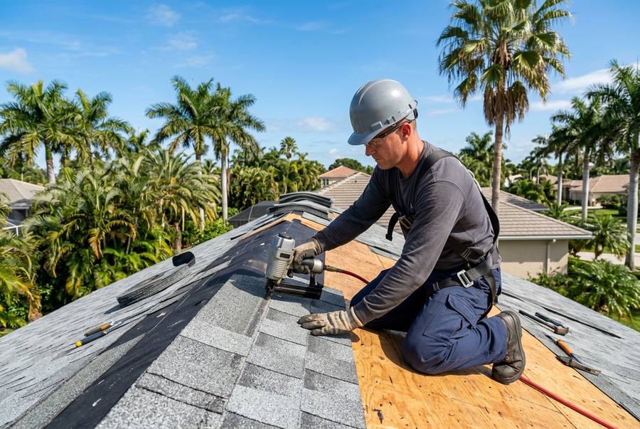 Roofer installing new architectural shingles on a Florida home